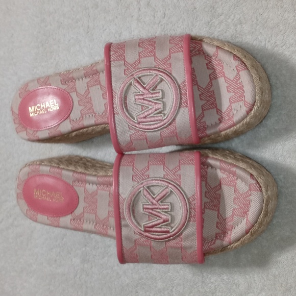 Michael Kors Shoes - Michael Kors Pink and Cream Logo Espadrille Slide Sandals